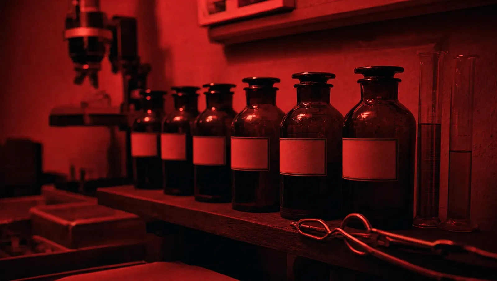Six dark glass chemical bottles with blank labels on a wooden darkroom shelf, lit red